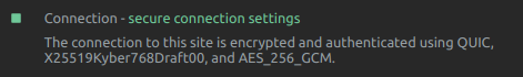 A secure QUIC connection using X25519Kyber768Draft00 as the key exchange, ECDSA with SHA-384 as the server signature and AES_256_GCM as the cipher. (QUIC + X25519Kyber768Draft00)